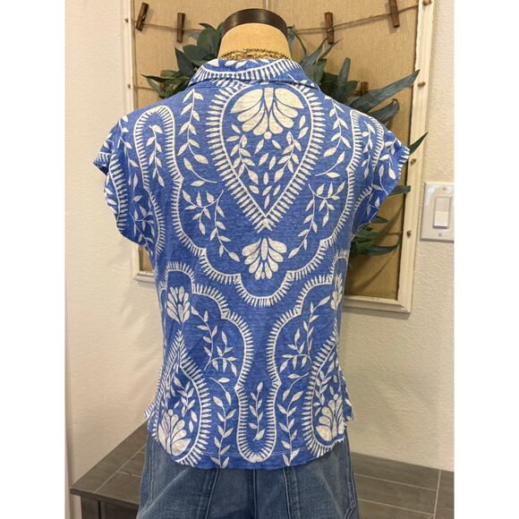 JOIE Blue Print 100% Linen Top Shirt Blouse Women size S Resort - Picture 4 of 7